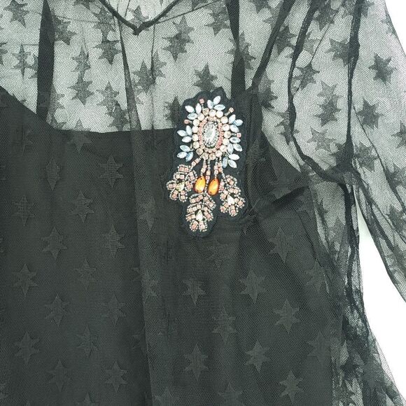 Zara XS Small Black Star Lace Top with Brooch - Picture 6 of 10